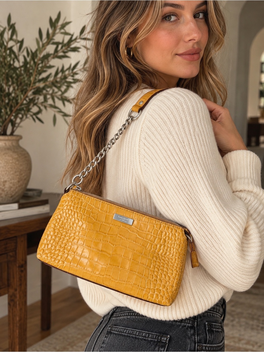 Kate Spade Mustard Croc Embossed Leather Baguette Shoulder Bag